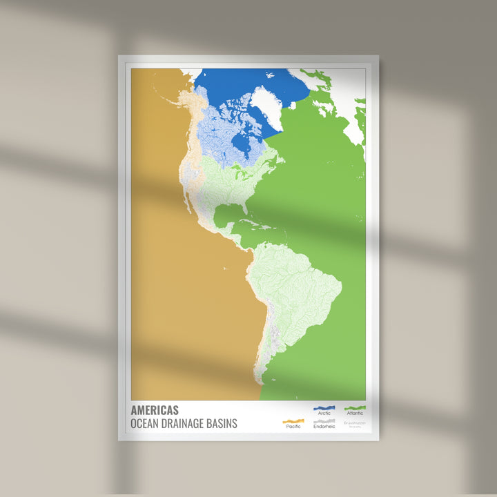 América - Mapa de la cuenca hidrográfica del océano, blanco con leyenda v2 - Impresión de bellas artes