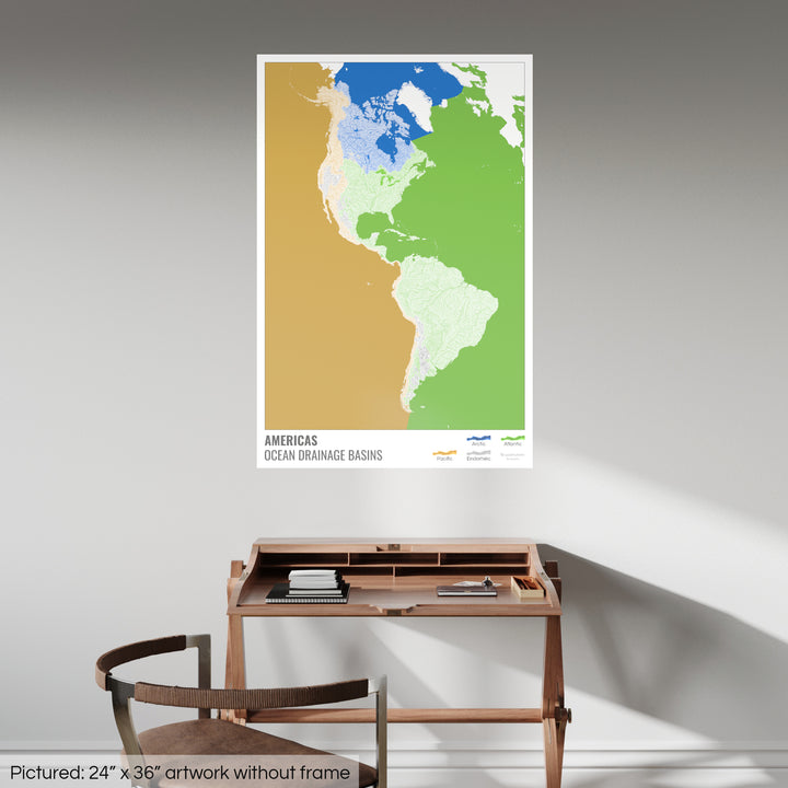 The Americas - Ocean drainage basin map, white with legend v2 - Fine Art Print