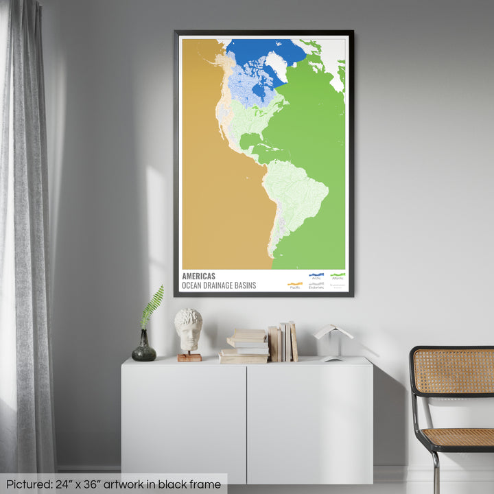 The Americas - Ocean drainage basin map, white with legend v2 - Framed Print