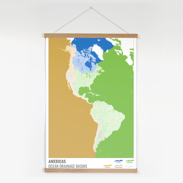 Les Amériques - Carte des bassins versants océaniques, blanche avec légende v2 - Tirage d'art avec cintre