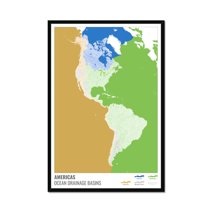 América - Mapa de la cuenca hidrográfica del océano, blanco con leyenda v2 - Lámina enmarcada