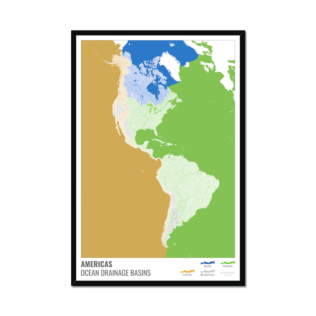 Les Amériques - Carte des bassins versants océaniques, blanche avec légende v2 - Impression encadrée