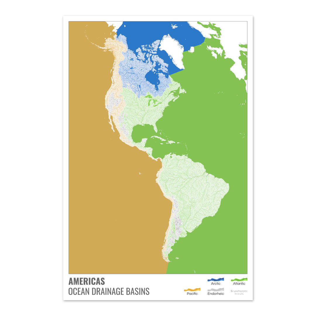 América - Mapa de la cuenca hidrográfica del océano, blanco con leyenda v2 - Impresión de bellas artes