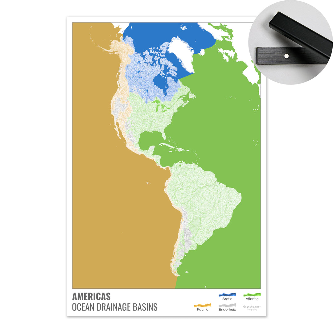 América - Mapa de la cuenca hidrográfica del océano, blanco con leyenda v2 - Impresión artística con colgador