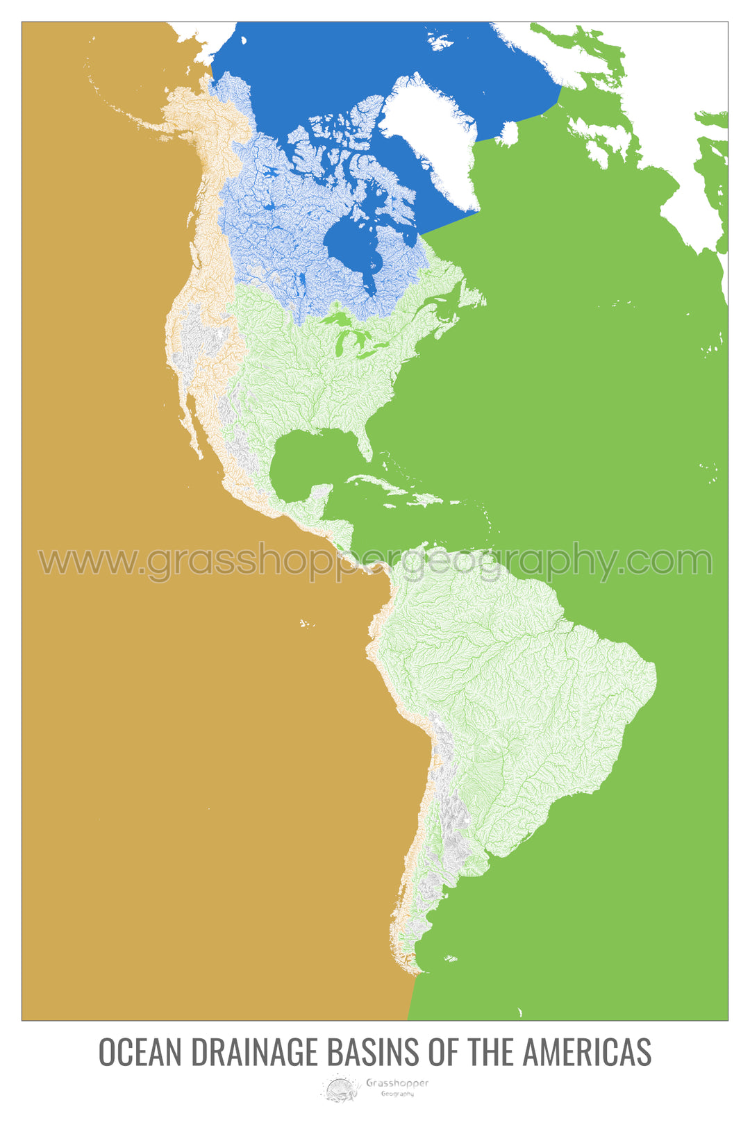 América - Mapa de la cuenca de drenaje oceánico, blanco v2 - Impresión de bellas artes