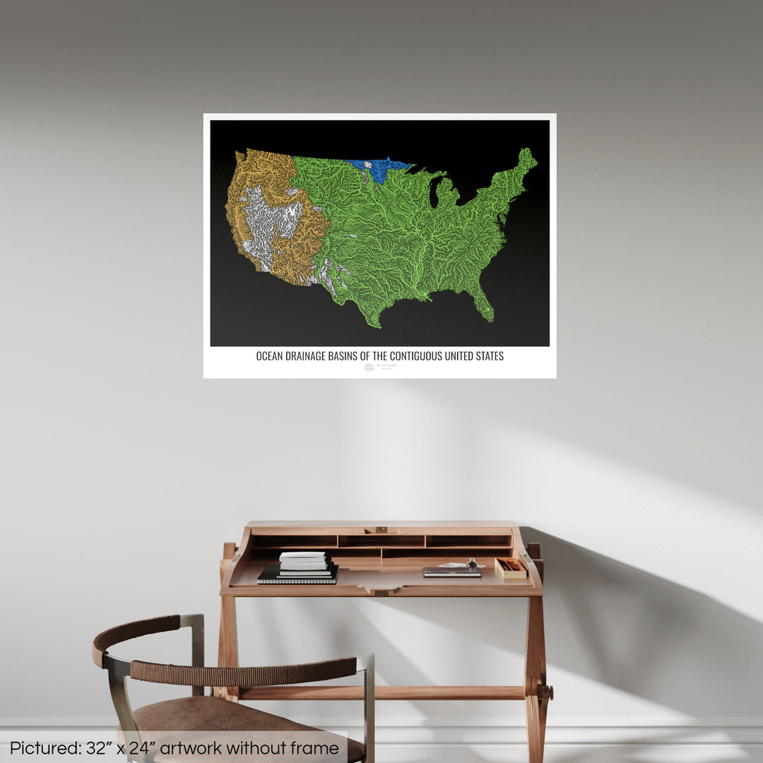 The United States - Ocean drainage basin map, black v1 - Photo Art Print