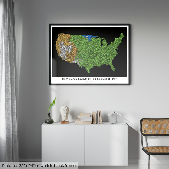 The United States - Ocean drainage basin map, black v1 - Framed Print