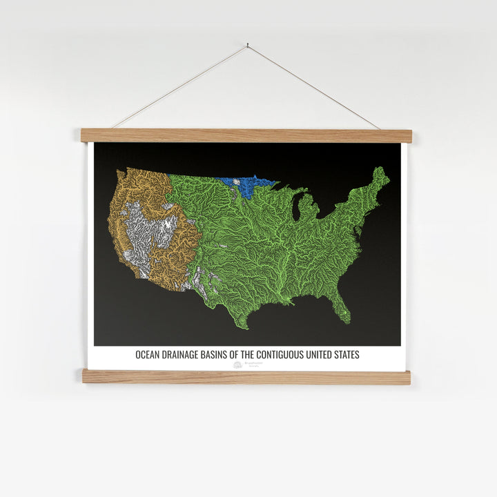 The United States - Ocean drainage basin map, black v1 - Fine Art Print with Hanger