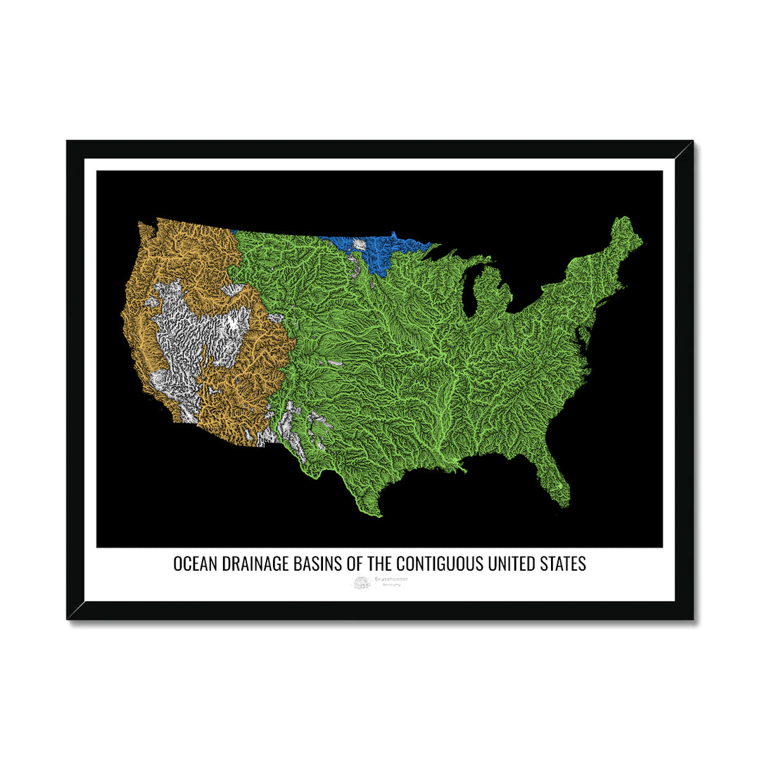 The United States - Ocean drainage basin map, black v1 - Framed Print