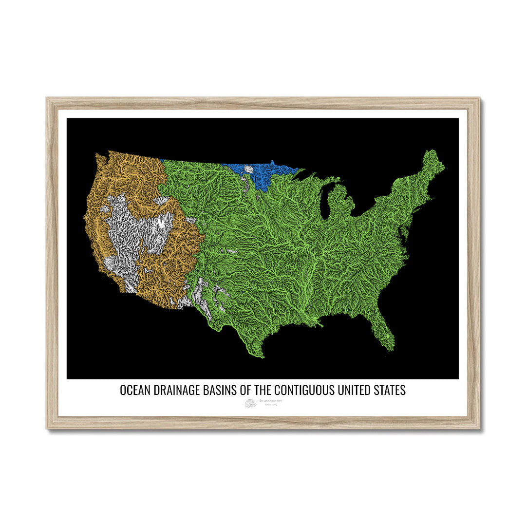 The United States - Ocean drainage basin map, black v1 - Framed Print