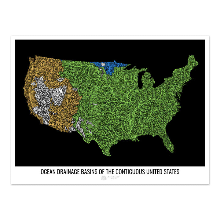 The United States - Ocean drainage basin map, black v1 - Fine Art Print