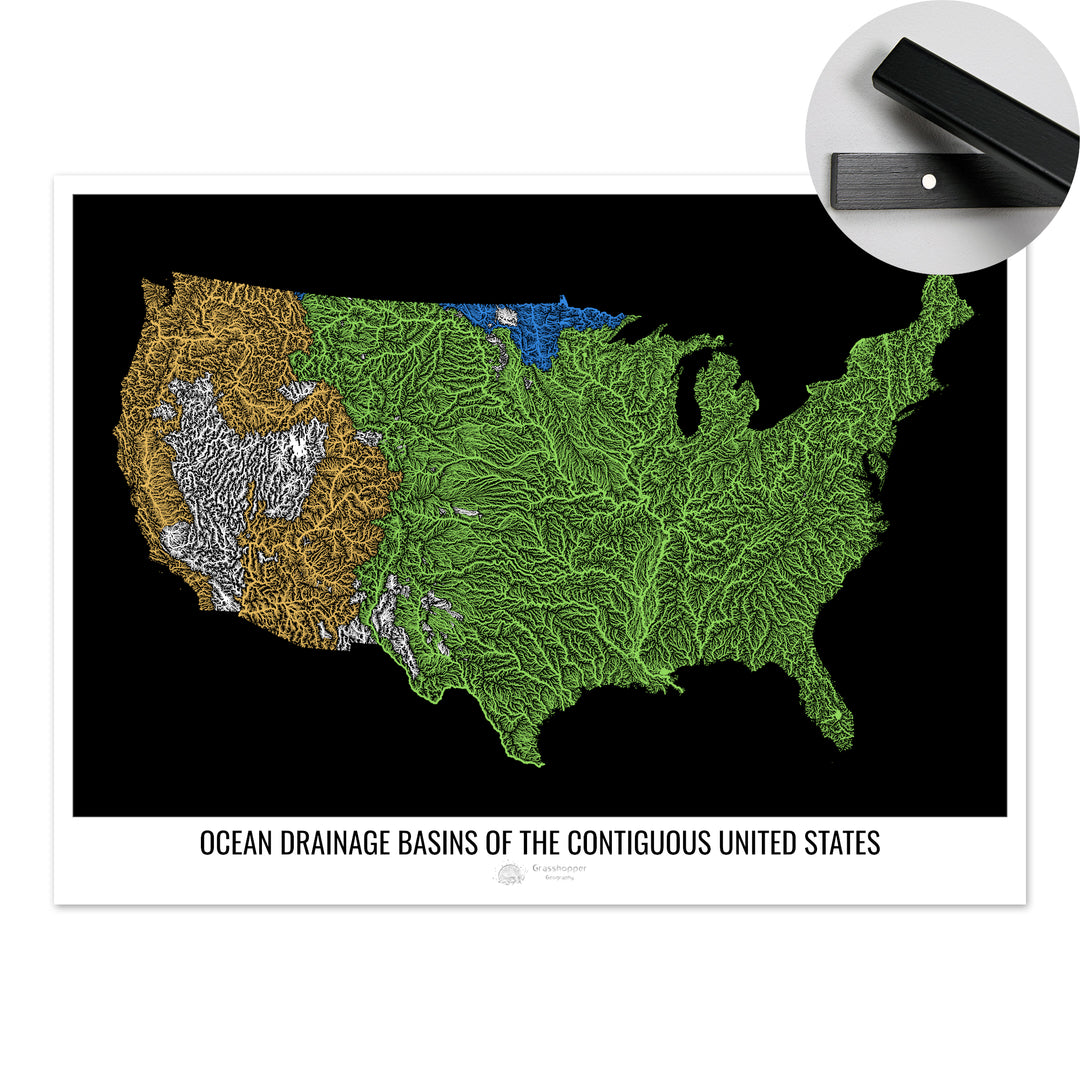 The United States - Ocean drainage basin map, black v1 - Fine Art Print with Hanger