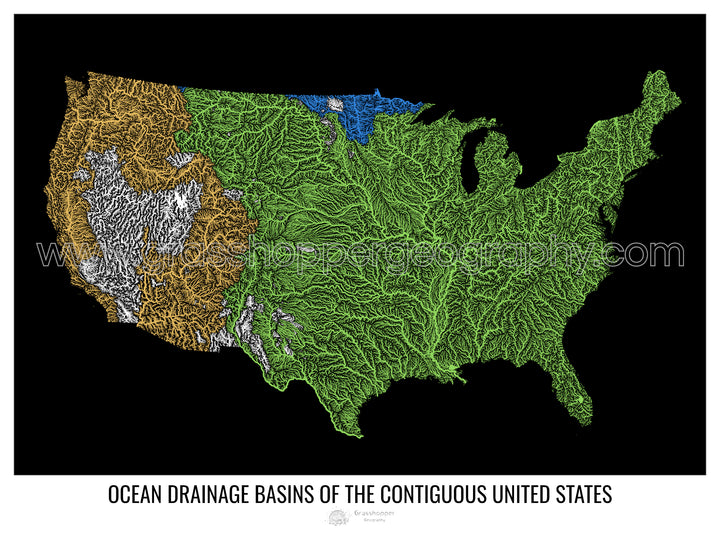 The United States - Ocean drainage basin map, black v1 - Photo Art Print