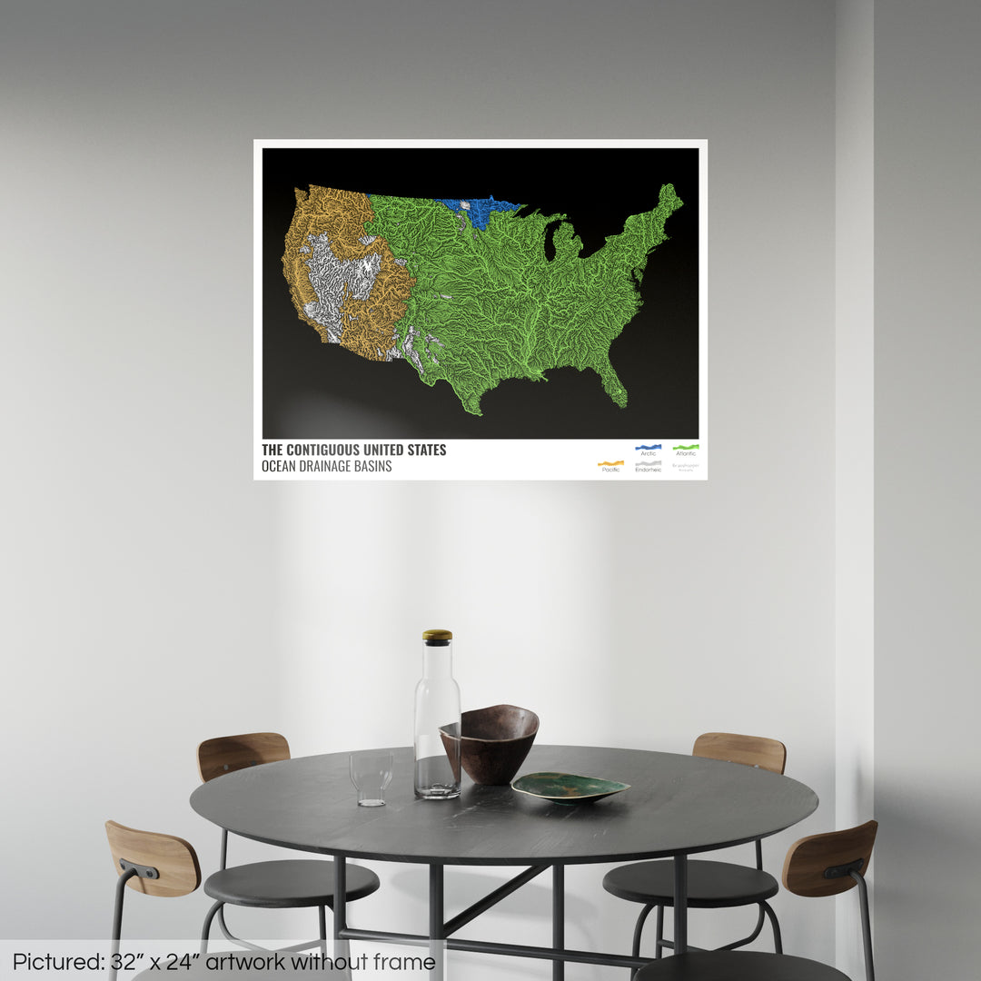 The United States - Ocean drainage basin map, black with legend v1 - Photo Art Print