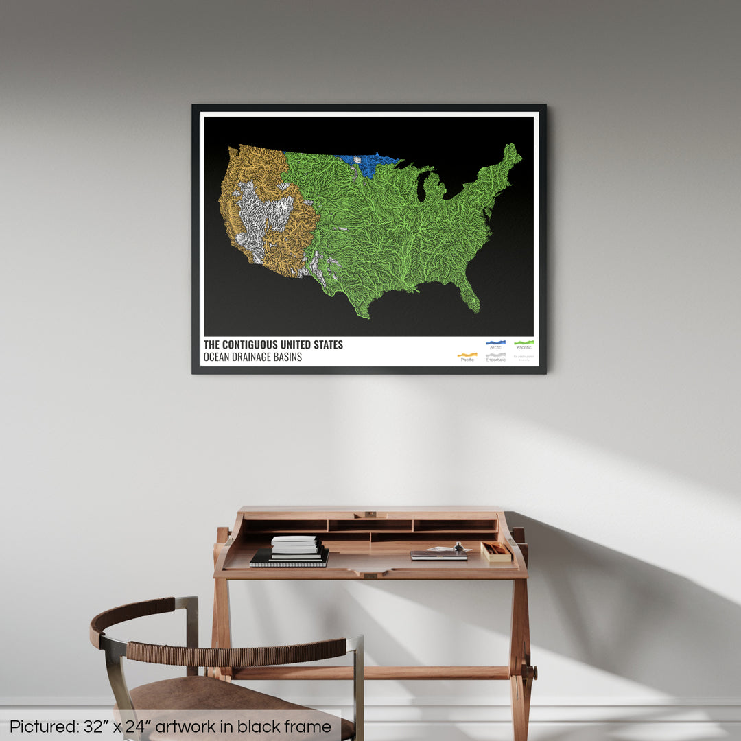 The United States - Ocean drainage basin map, black with legend v1 - Framed Print