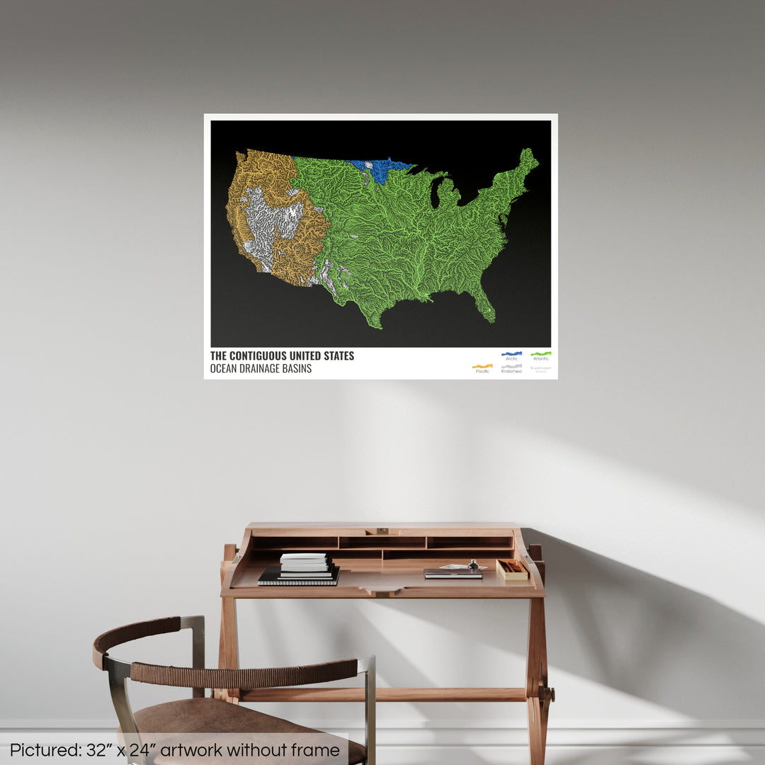 The United States - Ocean drainage basin map, black with legend v1 - Fine Art Print