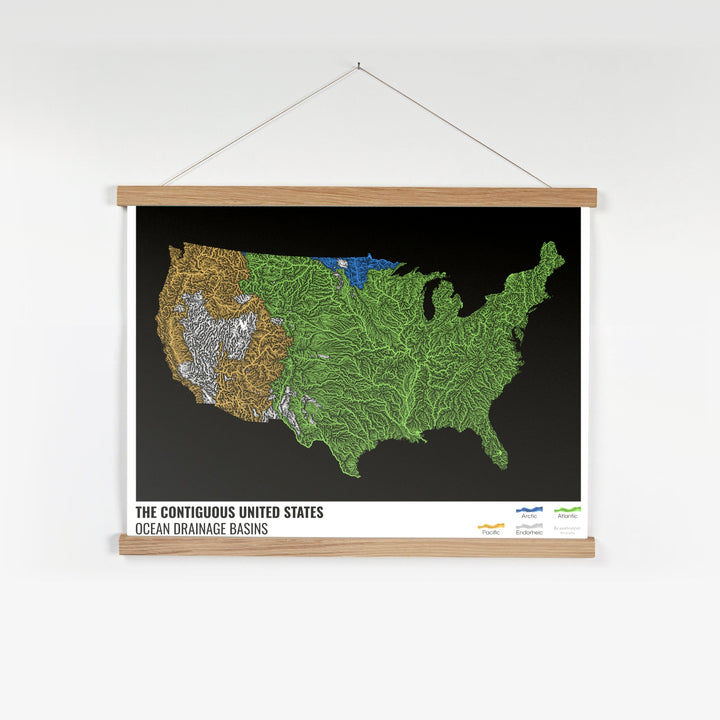 Estados Unidos - Mapa de la cuenca hidrográfica del océano, negro con leyenda v1 - Impresión artística con colgador