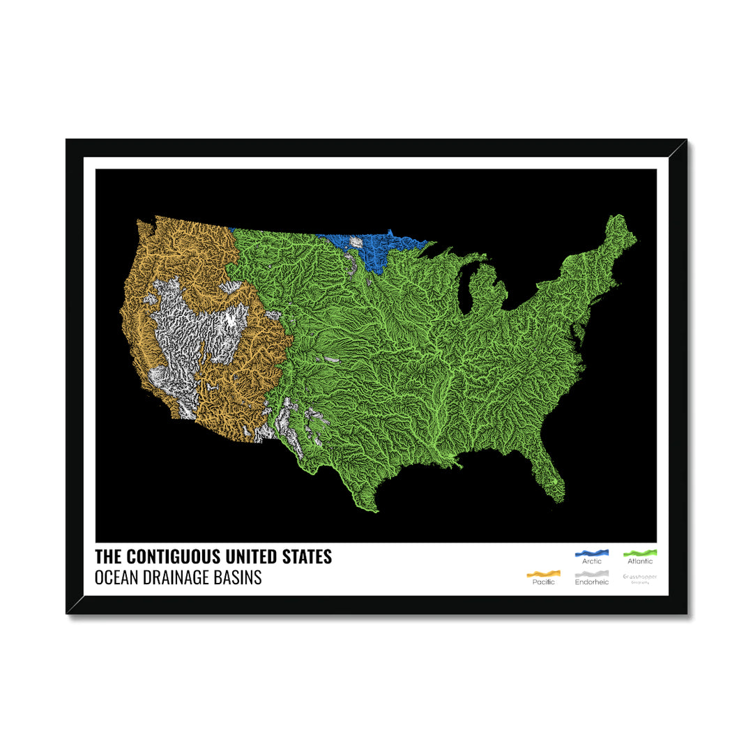 The United States - Ocean drainage basin map, black with legend v1 - Framed Print