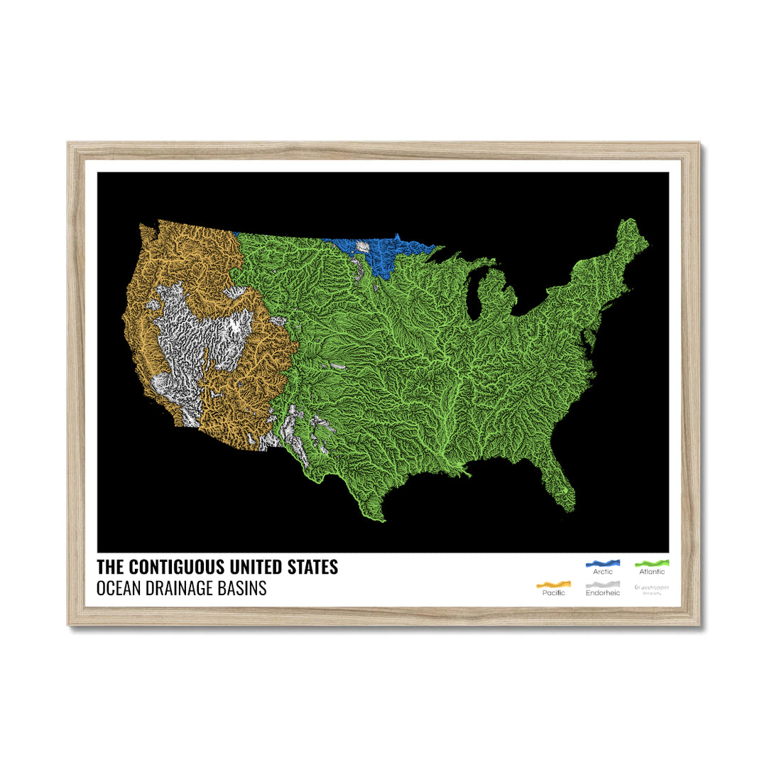 Estados Unidos - Mapa de la cuenca hidrográfica del océano, negro con leyenda v1 - Lámina enmarcada