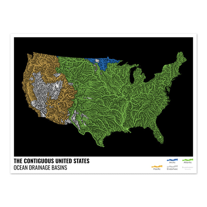 The United States - Ocean drainage basin map, black with legend v1 - Fine Art Print