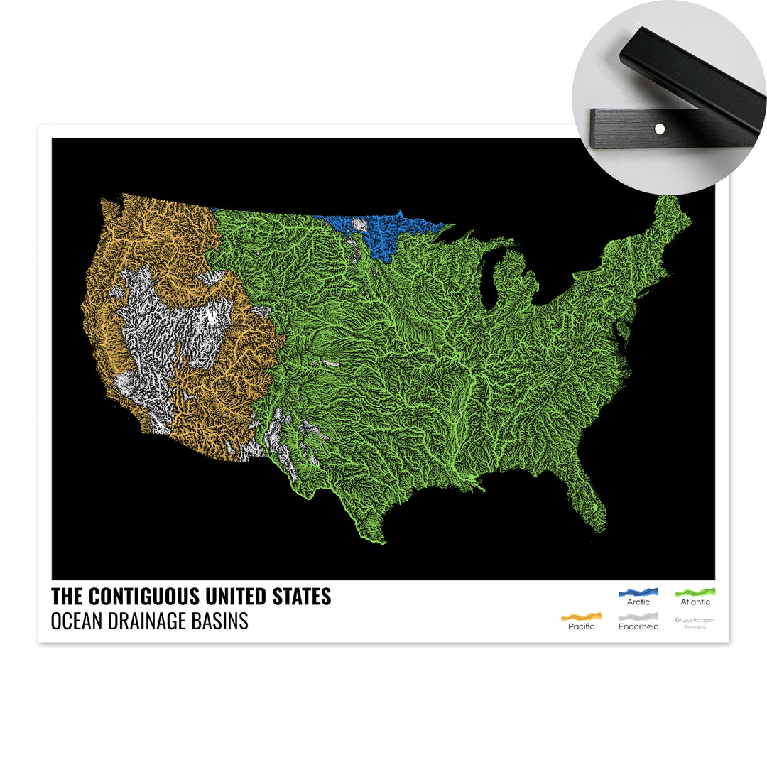 Estados Unidos - Mapa de la cuenca hidrográfica del océano, negro con leyenda v1 - Impresión artística con colgador
