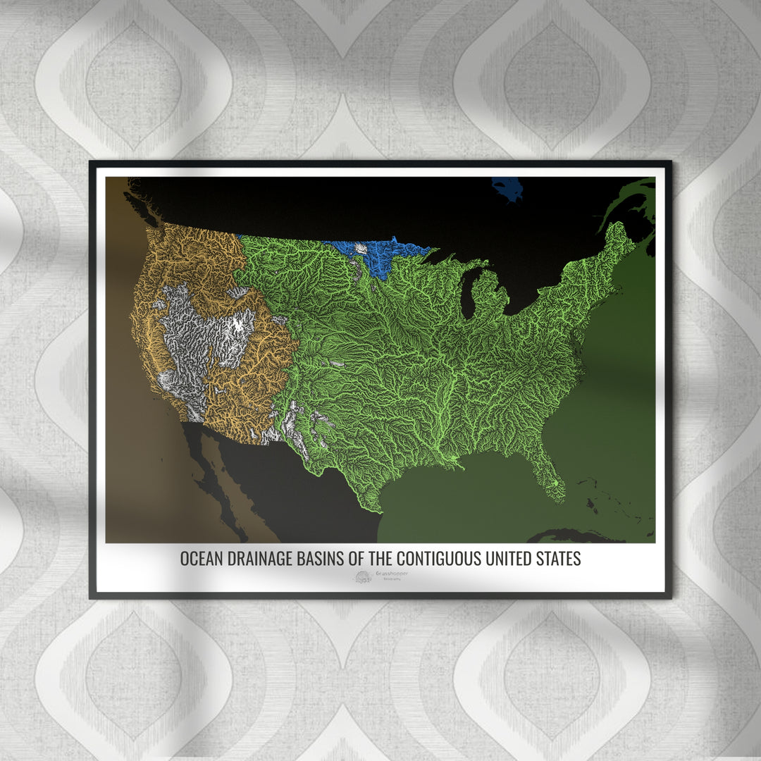 Estados Unidos - Mapa de la cuenca hidrográfica del océano, negro v2 - Impresión de bellas artes