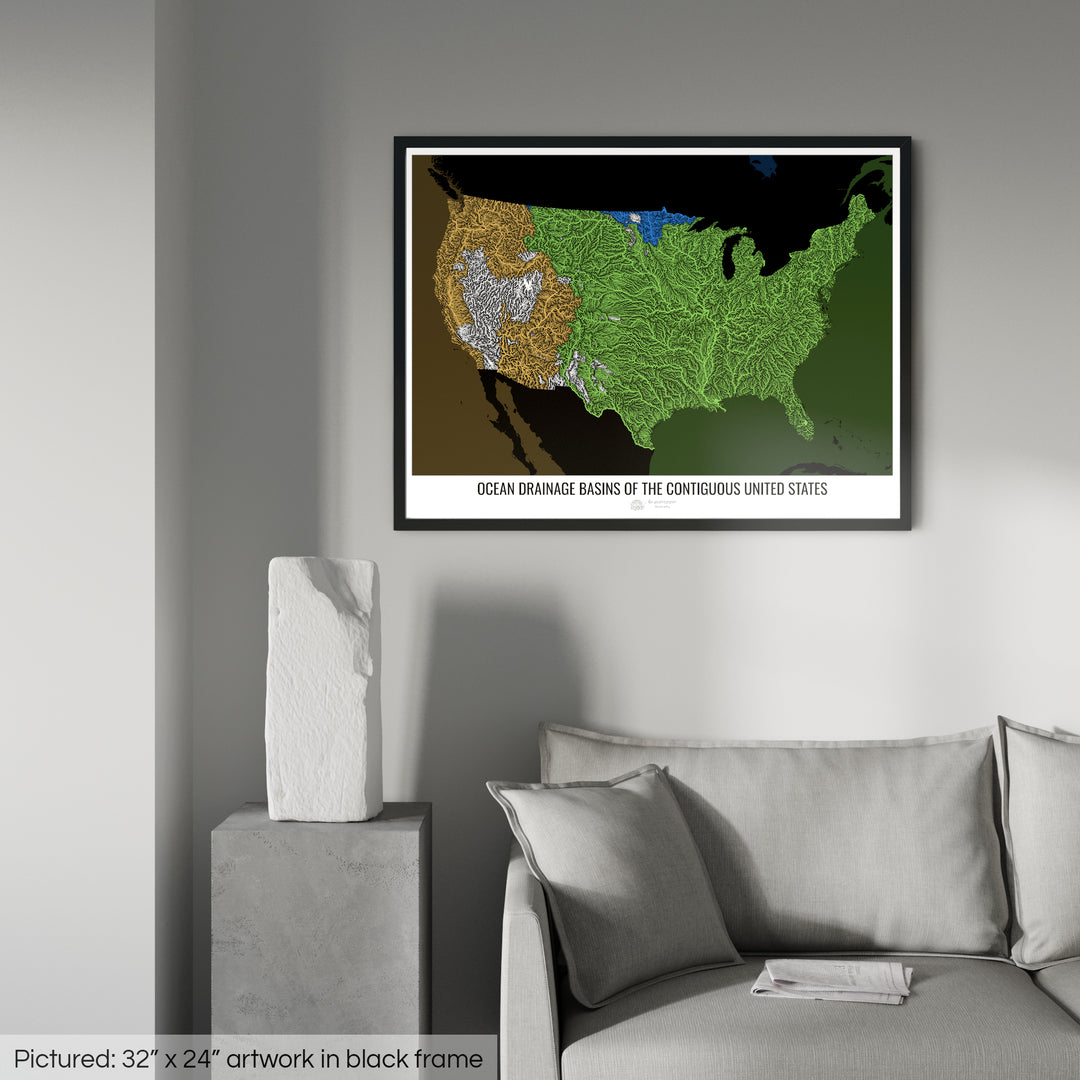 The United States - Ocean drainage basin map, black v2 - Framed Print