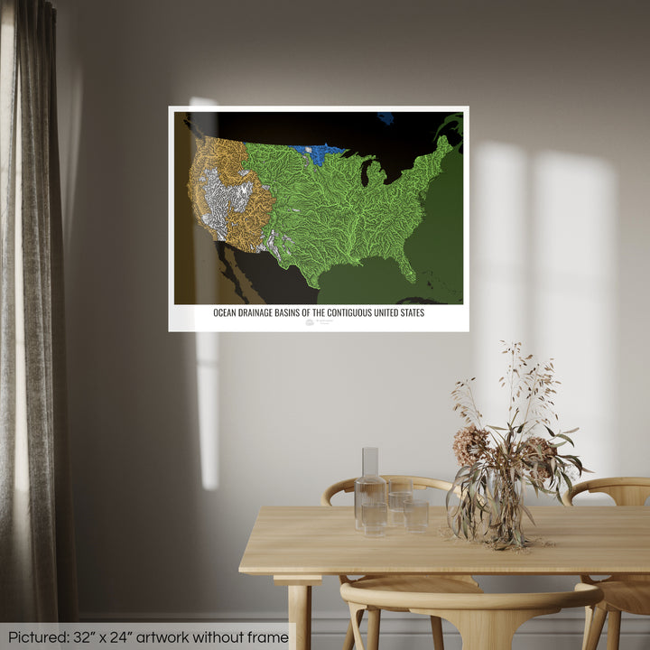 États-Unis - Carte des bassins hydrographiques océaniques, noir v2 - Tirage photo artistique