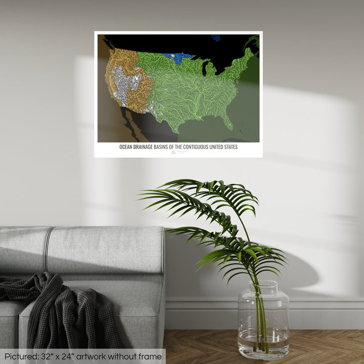 Estados Unidos - Mapa de la cuenca hidrográfica del océano, negro v2 - Impresión de bellas artes