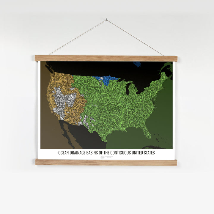 アメリカ合衆国 - 海洋排水流域地図、黒 v2 - ハンガー付きファインアートプリント