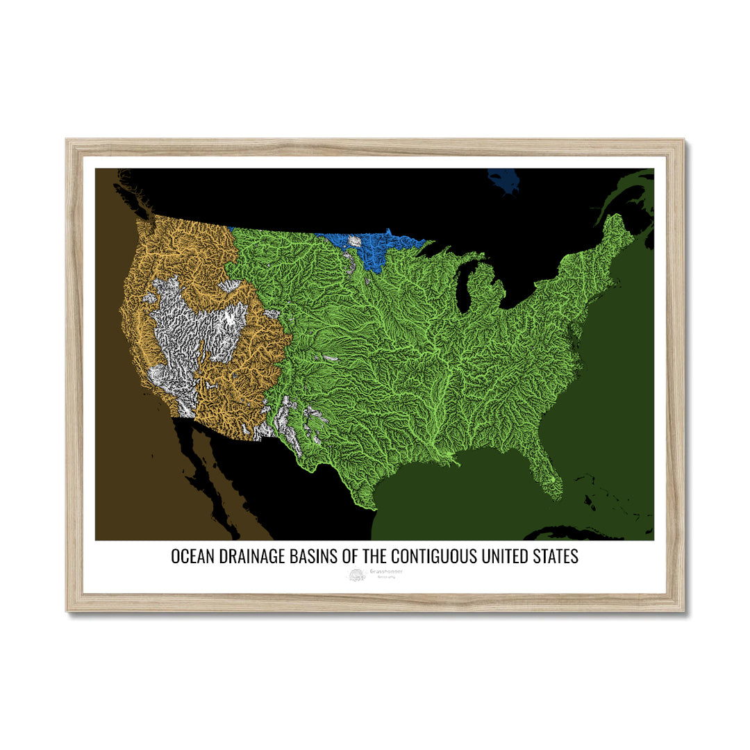 The United States - Ocean drainage basin map, black v2 - Framed Print
