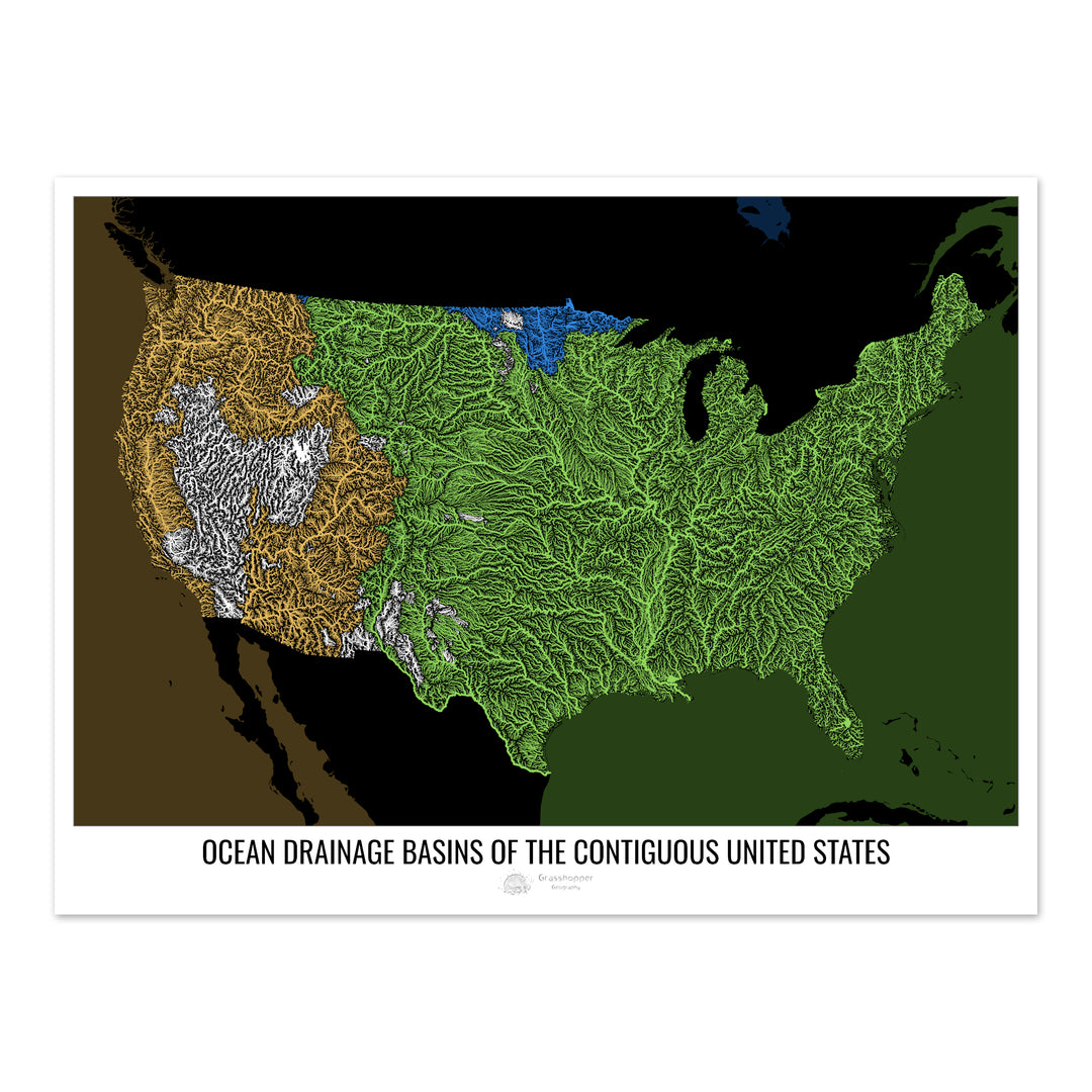 The United States - Ocean drainage basin map, black v2 - Fine Art Print