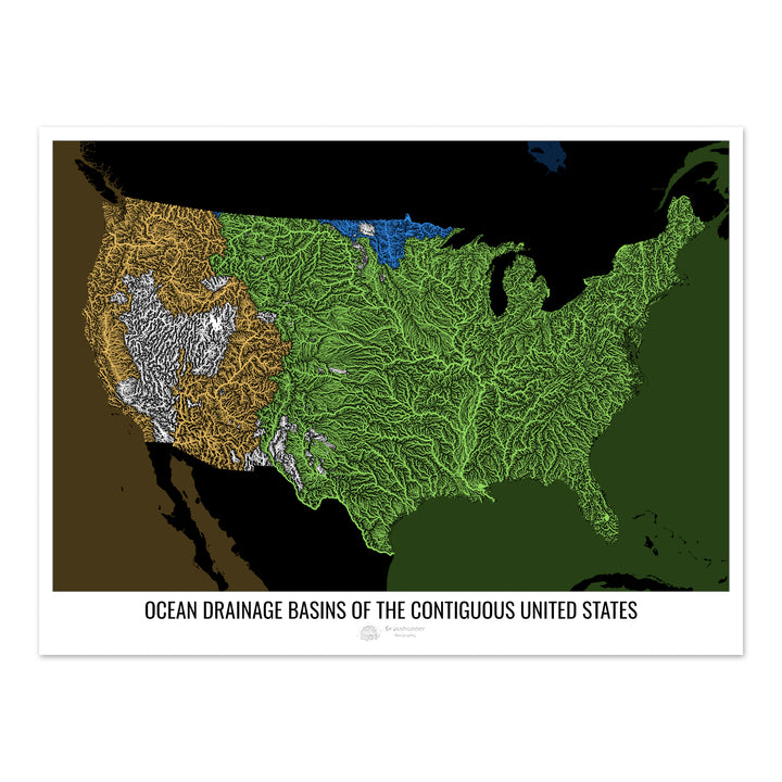 États-Unis - Carte des bassins hydrographiques océaniques, noir v2 - Tirage photo artistique