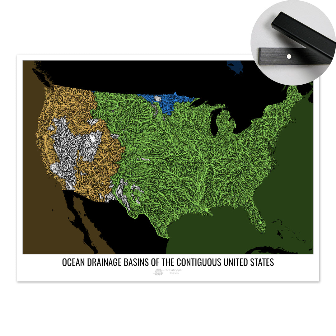The United States - Ocean drainage basin map, black v2 - Fine Art Print with Hanger