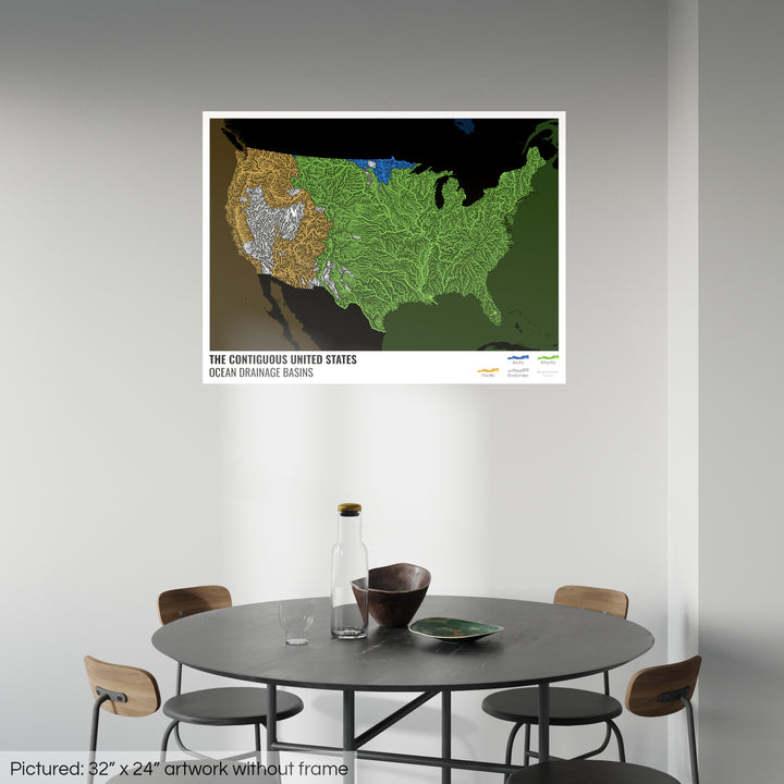 アメリカ合衆国 - 海洋排水流域地図、黒色、凡例付き v2 - ファインアートプリント