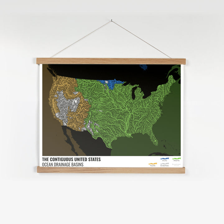 アメリカ合衆国 - 海洋排水流域地図、黒色、凡例付き v2 - ハンガー付きファインアートプリント