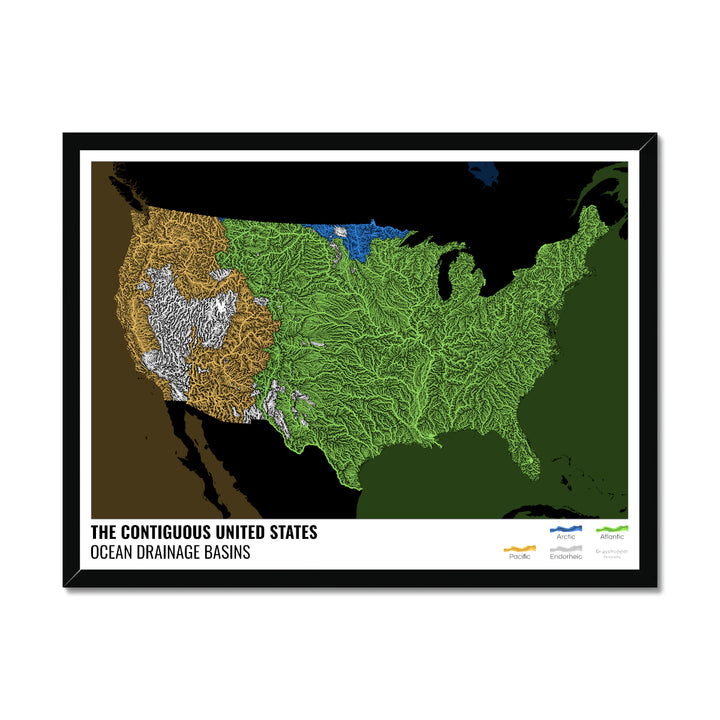 The United States - Ocean drainage basin map, black with legend v2 - Framed Print