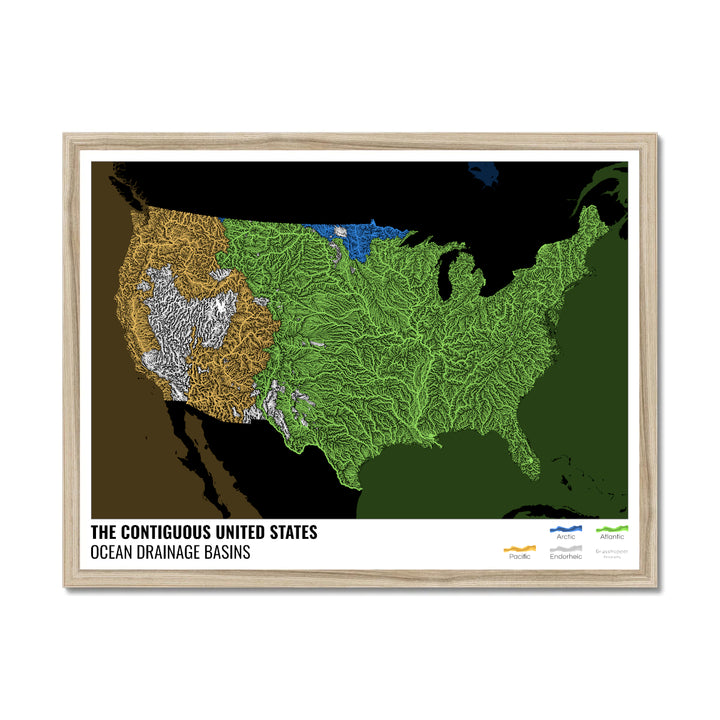 The United States - Ocean drainage basin map, black with legend v2 - Framed Print