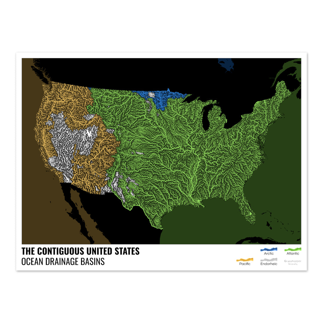 Estados Unidos - Mapa de la cuenca hidrográfica del océano, negro con leyenda v2 - Impresión de bellas artes