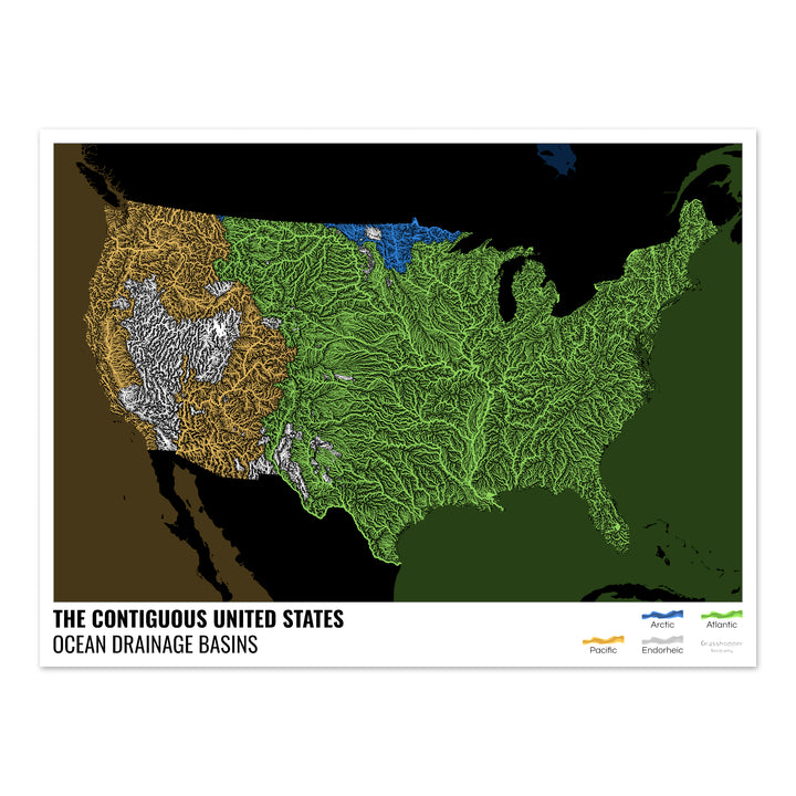 États-Unis - Carte des bassins hydrographiques océaniques, noire avec légende v2 - Tirage photo artistique