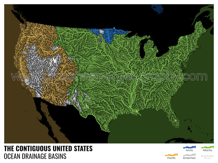 Estados Unidos - Mapa de la cuenca hidrográfica del océano, negro con leyenda v2 - Impresión fotográfica