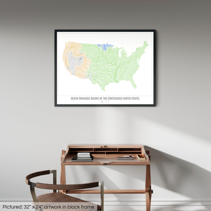 The United States - Ocean drainage basin map, white v1 - Framed Print