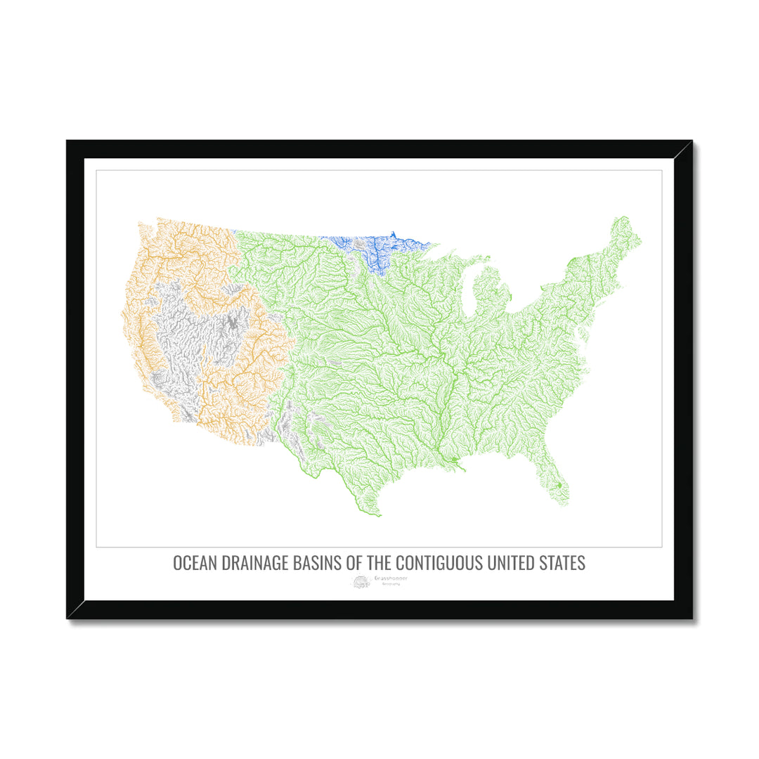 Estados Unidos - Mapa de la cuenca de drenaje oceánico, blanco v1 - Lámina enmarcada