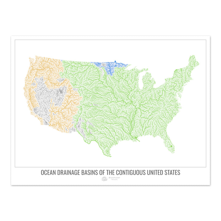 Estados Unidos - Mapa de la cuenca hidrográfica del océano, blanco v1 - Impresión artística fotográfica