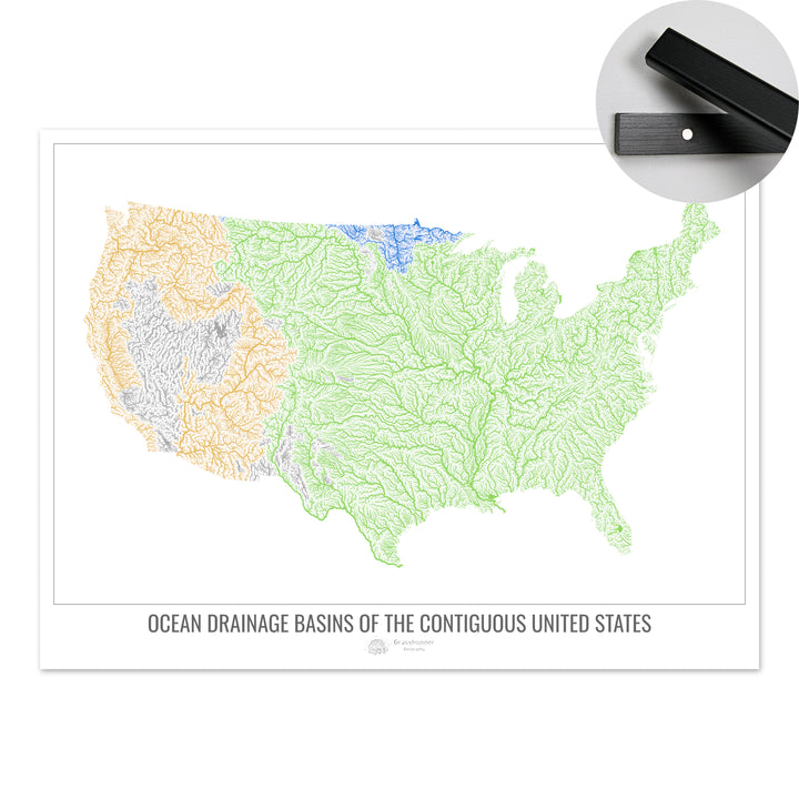 The United States - Ocean drainage basin map, white v1 - Fine Art Print with Hanger