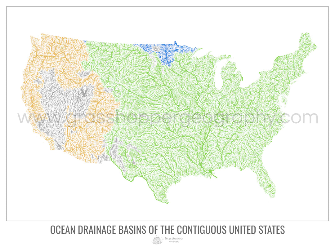Estados Unidos - Mapa de la cuenca hidrográfica del océano, blanco v1 - Impresión artística fotográfica