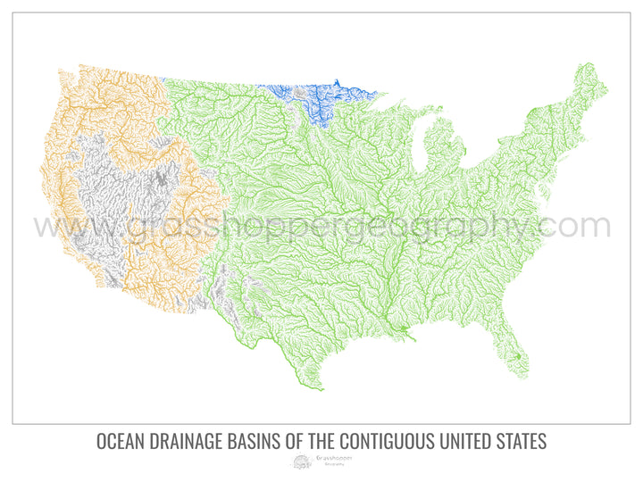 アメリカ合衆国 - 海洋排水流域地図、白 v1 - 写真アートプリント