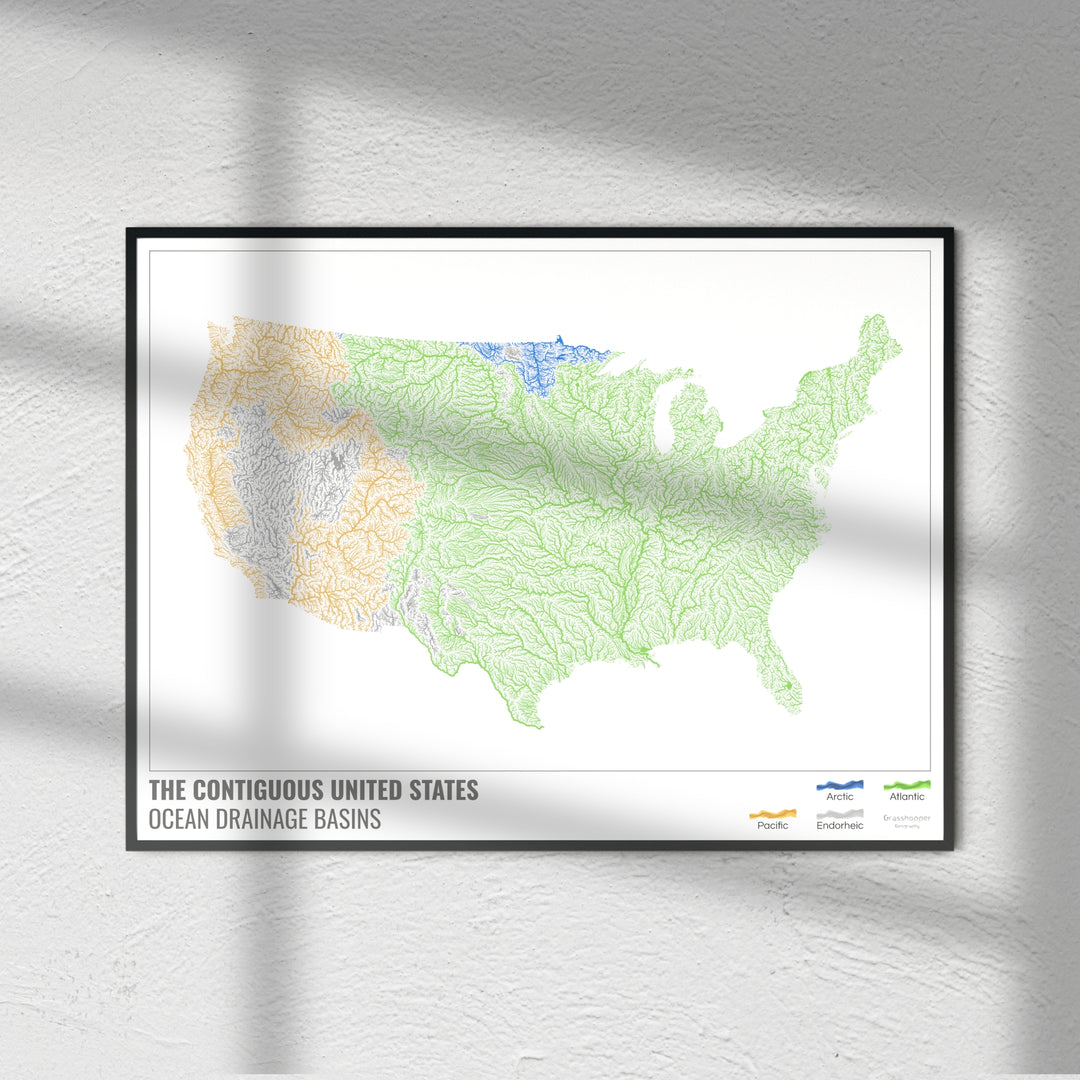 Estados Unidos - Mapa de la cuenca hidrográfica del océano, blanco con leyenda v1 - Impresión fotográfica