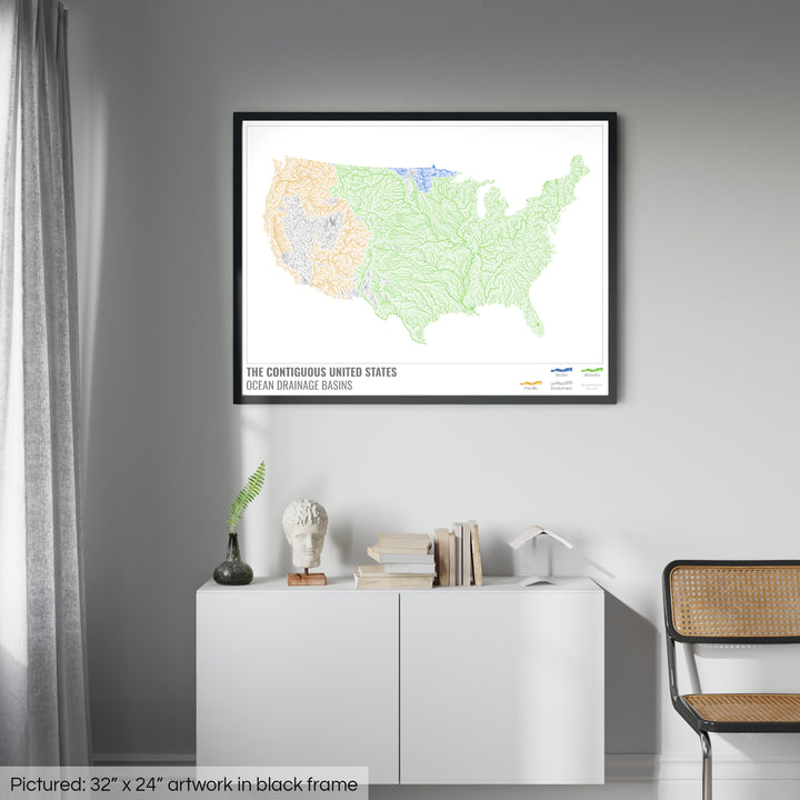The United States - Ocean drainage basin map, white with legend v1 - Framed Print