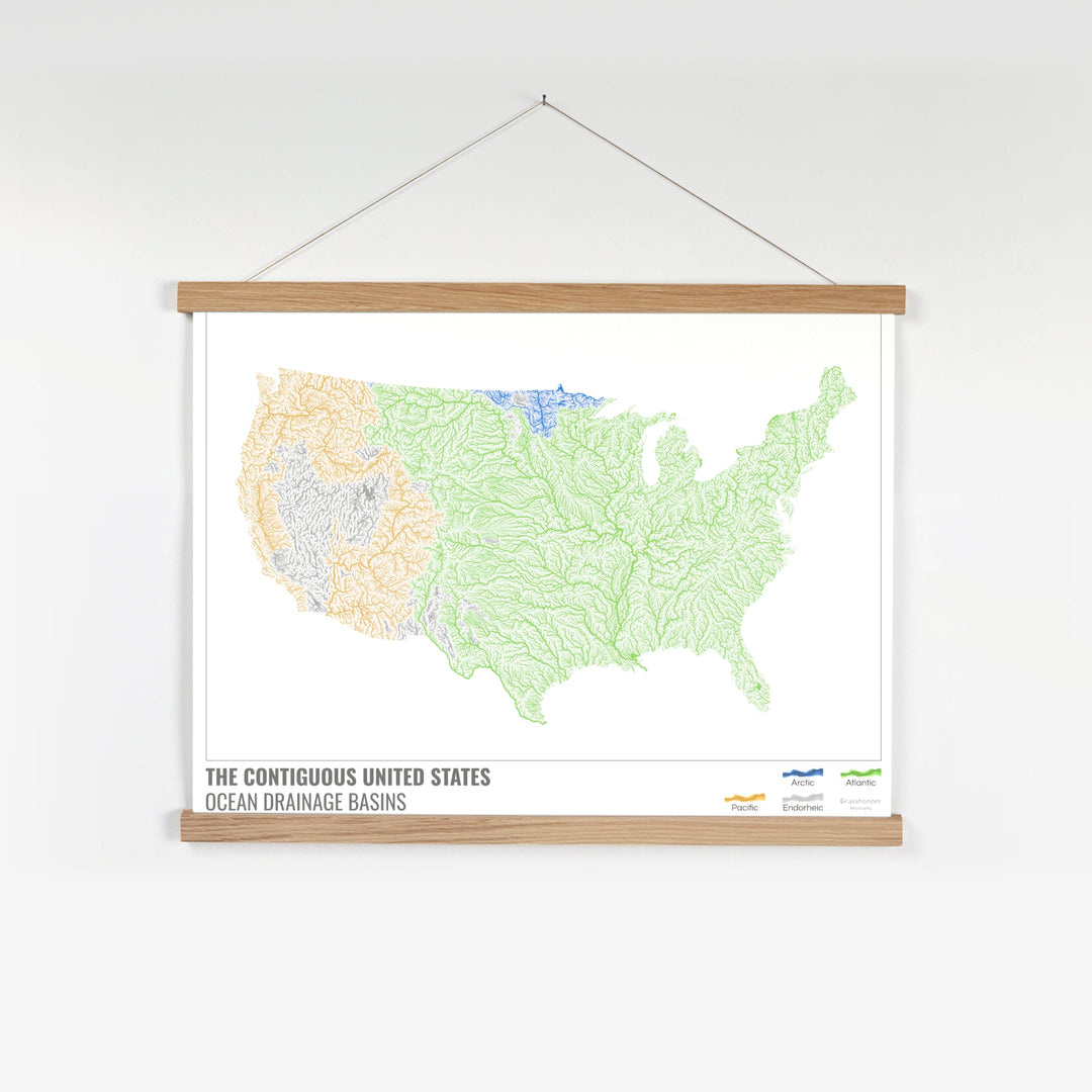 Estados Unidos - Mapa de la cuenca hidrográfica del océano, blanco con leyenda v1 - Impresión artística con colgador